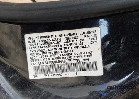 2006 Honda Odyssey Ex-L из США, поврежденный, VIN 5FNRL38606B440335